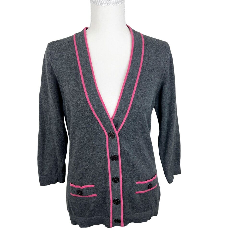 Pure Alfred Sung Sweater Women Medium Grey Pink Trim Cardigan Button Up Cotton